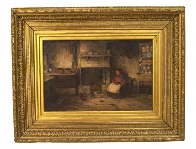 English Victorian Oil Painting of Lady by Fireplace