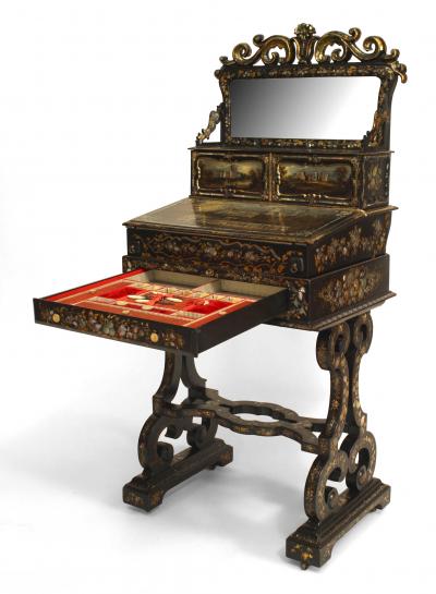 English Victorian Papier Mache Pearl Inlaid Black Lacquered Vanity