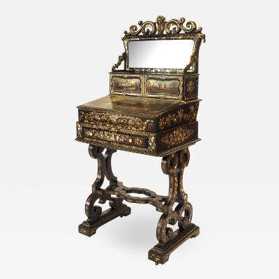 English Victorian Papier Mache Pearl Inlaid Black Lacquered Vanity