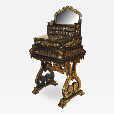 English Victorian Papier Mache Pearl Inlaid Black Lacquered Vanity
