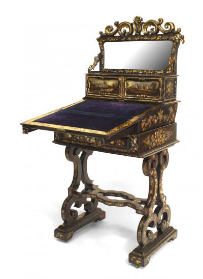 English Victorian Papier Mache Pearl Inlaid Black Lacquered Vanity