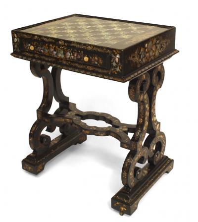 English Victorian Papier Mache Pearl Inlaid Black Lacquered Vanity