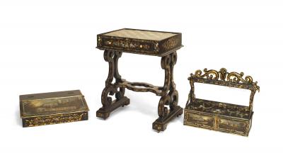 English Victorian Papier Mache Pearl Inlaid Black Lacquered Vanity