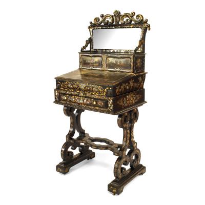 English Victorian Papier Mache Pearl Inlaid Black Lacquered Vanity