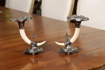 English Victorian Rodgers Sons 19th Century Game Animal Horns on Silver Mounts