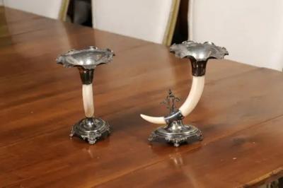 English Victorian Rodgers Sons 19th Century Game Animal Horns on Silver Mounts