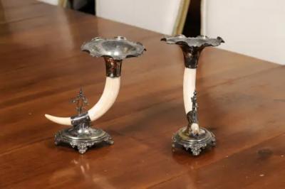 English Victorian Rodgers Sons 19th Century Game Animal Horns on Silver Mounts