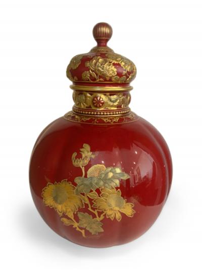 English Victorian Royal Crown Darby red porcelain spherical shaped cover urn