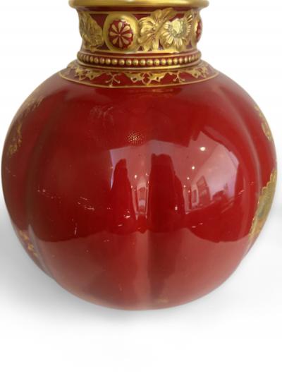 English Victorian Royal Crown Darby red porcelain spherical shaped cover urn