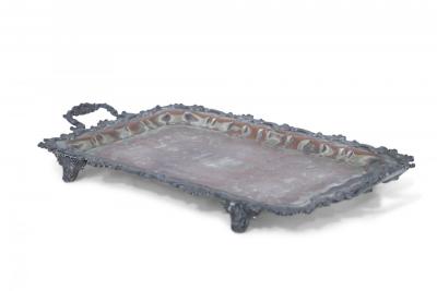 English Victorian Silver Plate and Patina Ornate Serving Tray