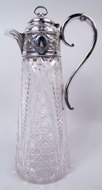 English Victorian Sterling Silver Brilliant Cut Glass Claret Jug 1898
