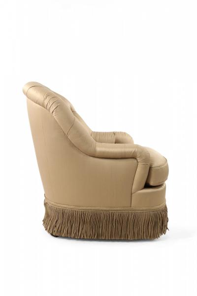 English Victorian Style Beige Tufted Fringed Tub Armchair