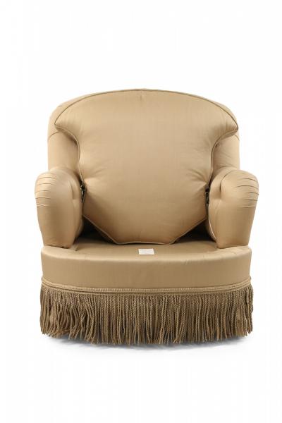 English Victorian Style Beige Tufted Fringed Tub Armchair