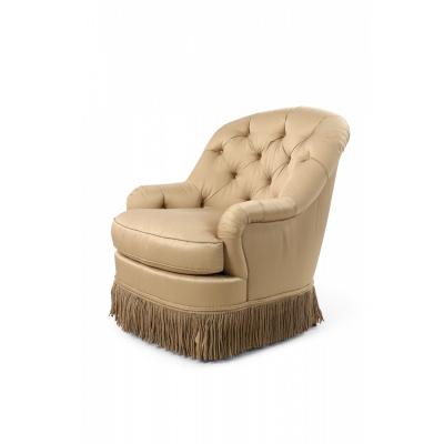 English Victorian Style Beige Tufted Fringed Tub Armchair