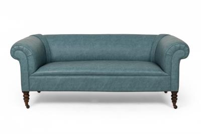 English Victorian Style Blue Gray Textured Vinyl Upholstered Sofa manner of How