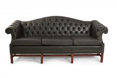 English Victorian Style Camel Back Black Tufted Leather Sofa