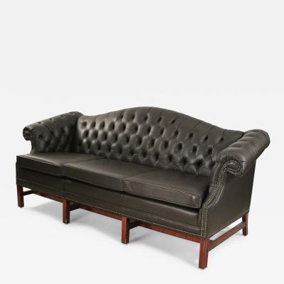 English Victorian Style Camel Back Black Tufted Leather Sofa