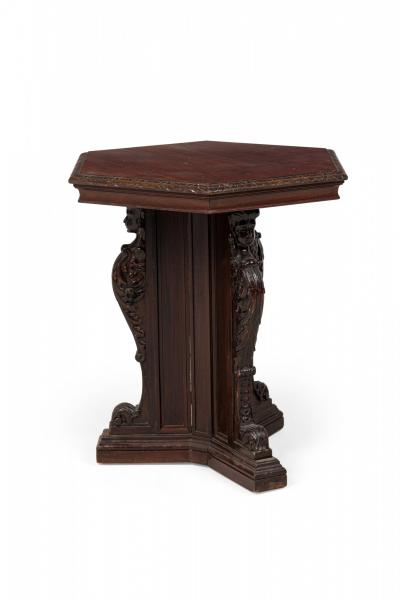 English Victorian Style Carved Mahogany Hexagonal Occasional End Table