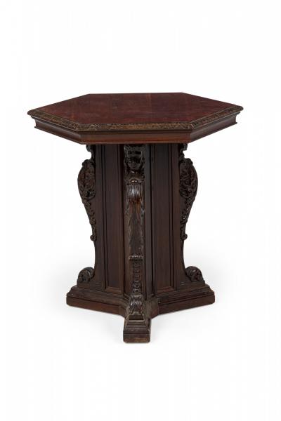 English Victorian Style Carved Mahogany Hexagonal Occasional End Table