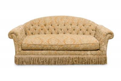 English Victorian Style Gold Velvet Damask Button Tufted and Fringed Sofa