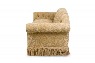 English Victorian Style Gold Velvet Damask Button Tufted and Fringed Sofa