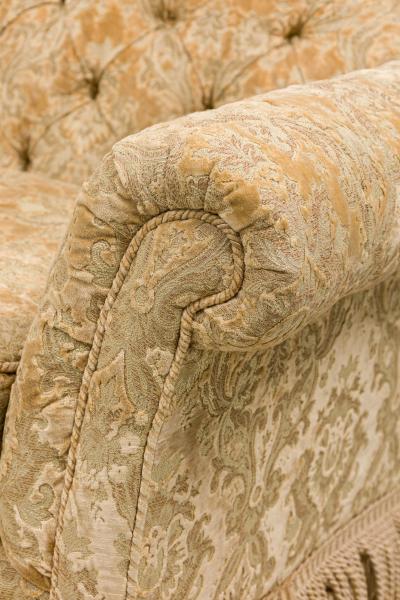 English Victorian Style Gold Velvet Damask Button Tufted and Fringed Sofa