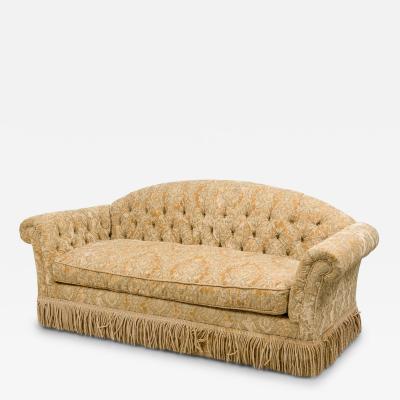 English Victorian Style Gold Velvet Damask Button Tufted and Fringed Sofa