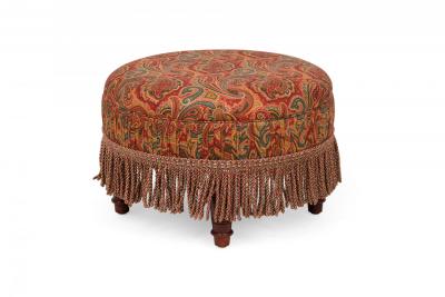 English Victorian Style Red and Blue Paisley Upholstered Circular Ottoman