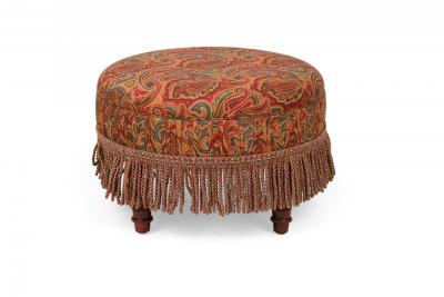 English Victorian Style Red and Blue Paisley Upholstered Circular Ottoman