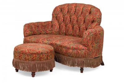 English Victorian Style Red and Blue Paisley Upholstered Circular Ottoman