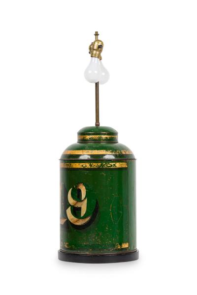 English Victorian Tole Green Caddy Table Lamp