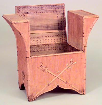 English Victorian bamboo and rush bench with side arms and flip top storage seat