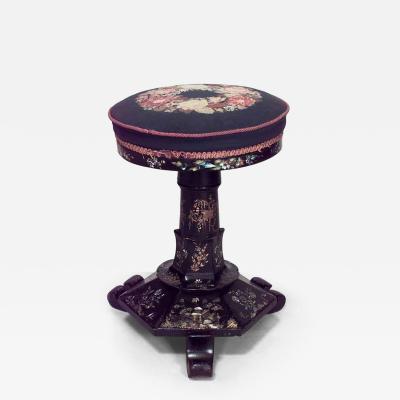 English Victorian papier mach pearl inlaid black lacquered round swivel stool
