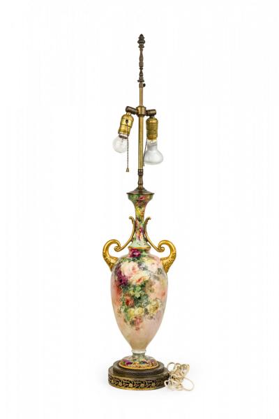 English Victorian style Floral Motif Ceramic and Brass Urn Form Table Lamp