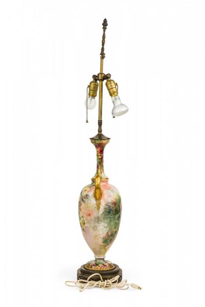 English Victorian style Floral Motif Ceramic and Brass Urn Form Table Lamp