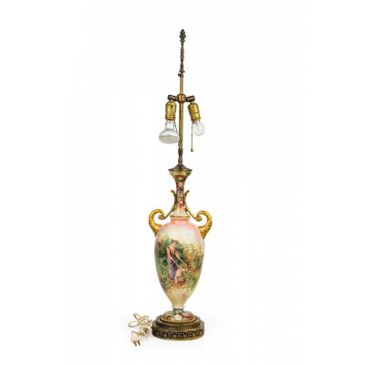 English Victorian style Floral Motif Ceramic and Brass Urn Form Table Lamp