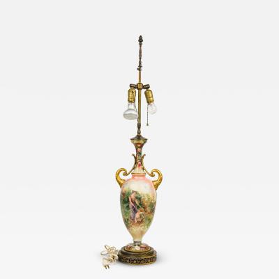 English Victorian style Floral Motif Ceramic and Brass Urn Form Table Lamp