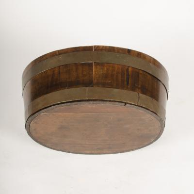 English oval oak planter or wine cooler with brass braces and tin liner on stand