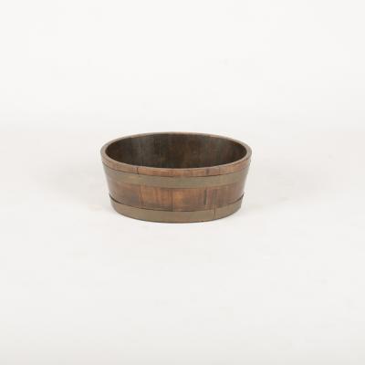 English oval oak planter or wine cooler with brass braces and tin liner on stand