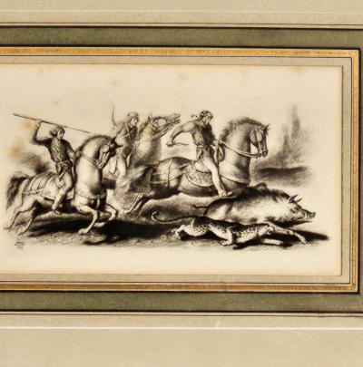 Engraving of Boar Hunt France 1933