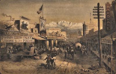 Engraving of a Western Town by Rudolf Cronau circa 1885