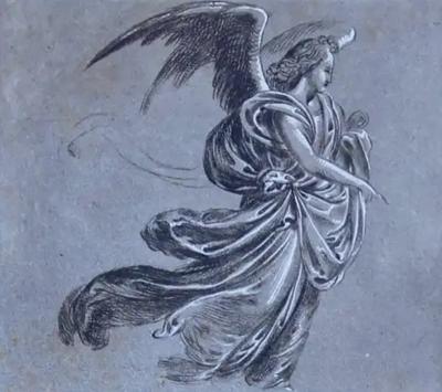 Engraving of an Angel on the Move with Wings and Flowing Robes