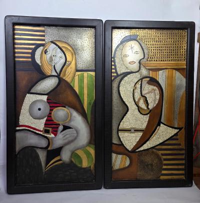 Enrico Baj 1970s Italian Mixed Media Panels Inspired by Picassos Marie Th r se Portraits