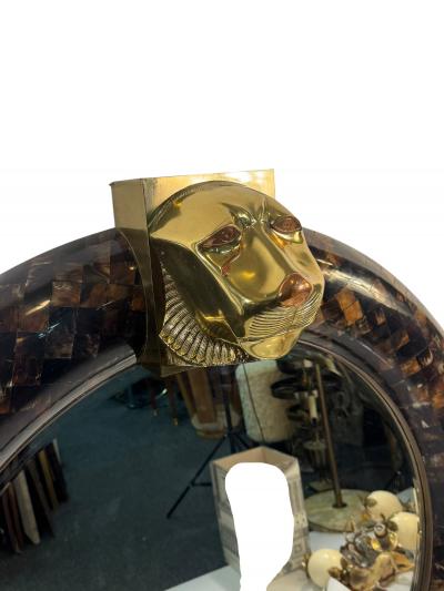 Enrique Garcel MAGNIFICIENT ROUND TESSELATED HORN MIRROR SCULPTURAL BRASS COPPER LION HEAD