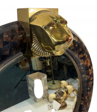 Enrique Garcel MAGNIFICIENT ROUND TESSELATED HORN MIRROR SCULPTURAL BRASS COPPER LION HEAD