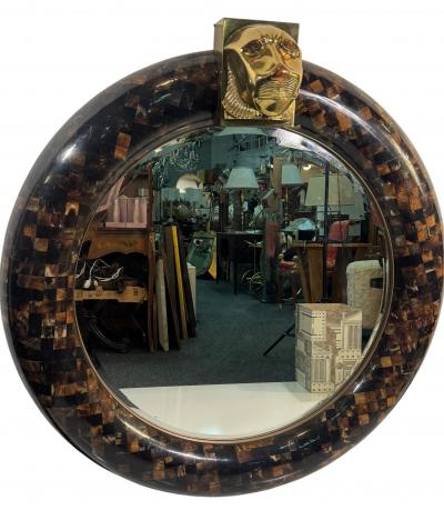 Enrique Garcel MAGNIFICIENT ROUND TESSELATED HORN MIRROR SCULPTURAL BRASS COPPER LION HEAD