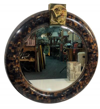 Enrique Garcel MAGNIFICIENT ROUND TESSELATED HORN MIRROR SCULPTURAL BRASS COPPER LION HEAD