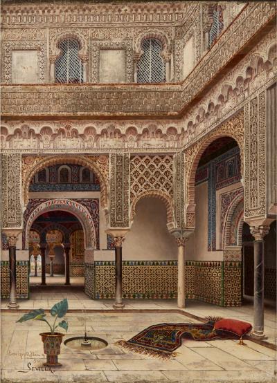 Enrique Roldan Orientalist Oil Painting of the Alc zar of Seville by Enrique Rold n