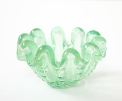 Ercole Barovier Green Iridescent A Grosse Costolature Clam Shell Glass Bowl by Ercole Barovier