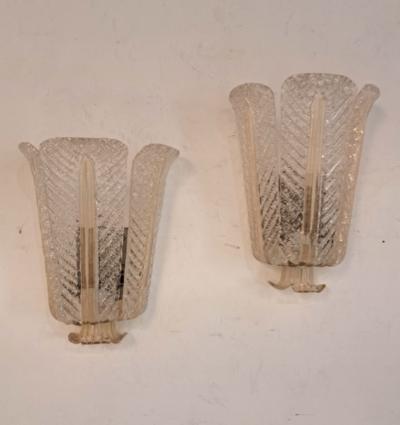 Ercole Barovier Rare Pair of Three Leaf Murano Glass Sconces Gold Inclusions by Ercole Barovier